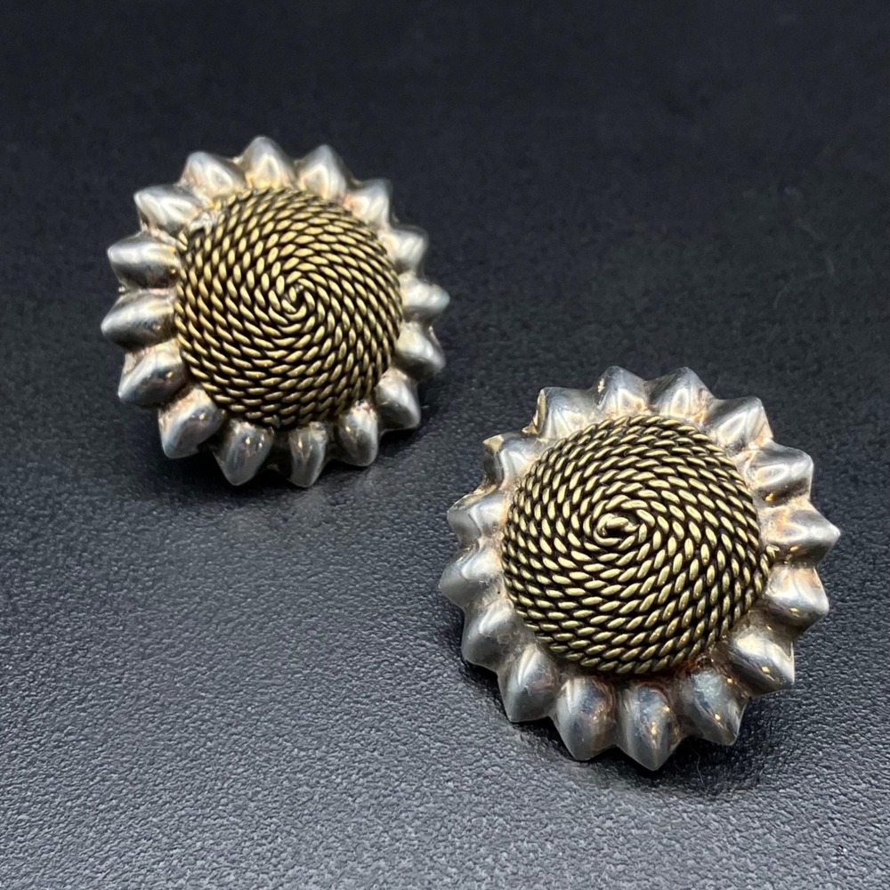 Taxco‎ Mexico 925 Sterling Silver & Brass Sunflower Clip On Earrings TA-97